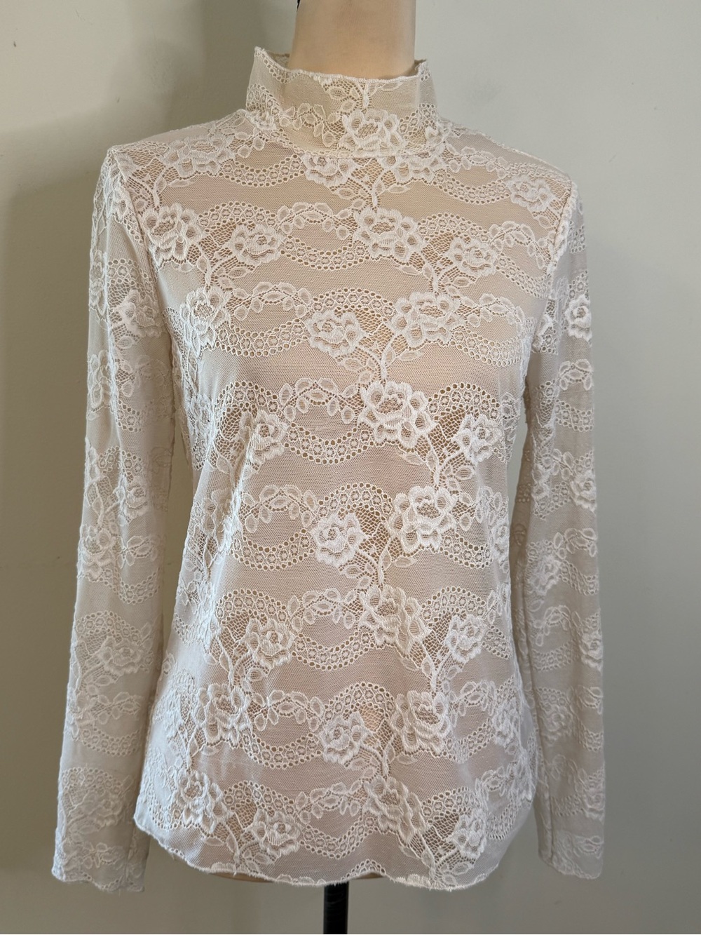 Chelsea 28  Cream Floral Lace Knit Top mock tittle neck semi sheer SZ SM